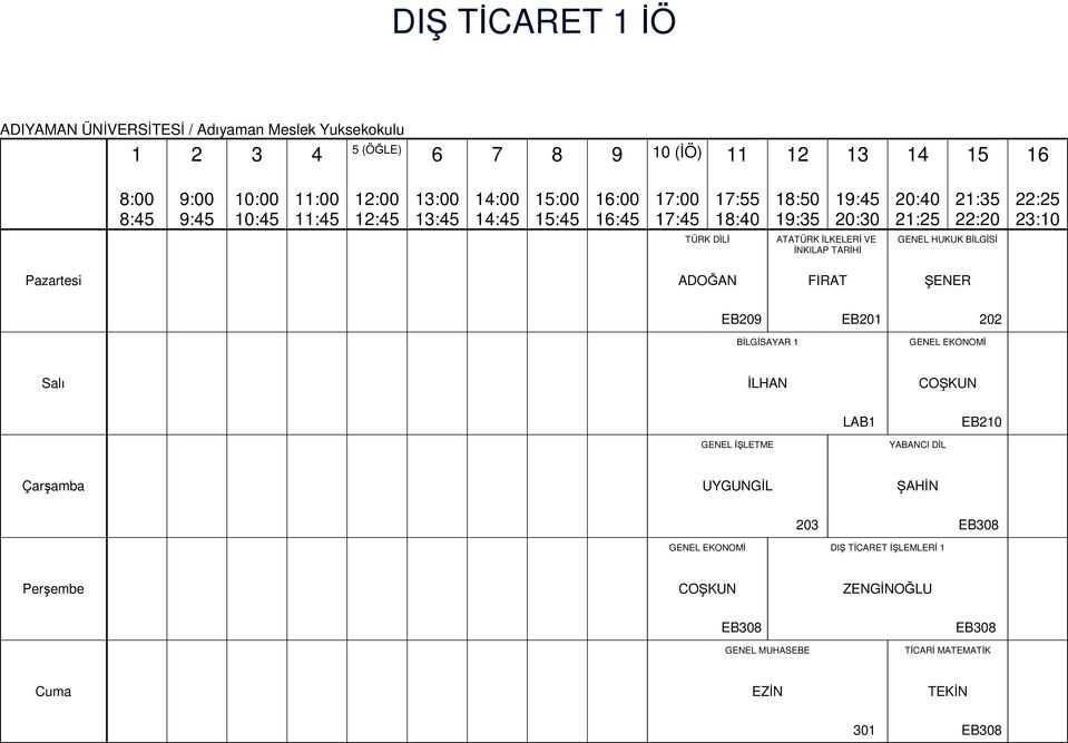 İLHAN COŞKUN LAB1 EB210 GENEL İŞLETME YABANCI DİL UYGUNGİL ŞAHİN 203 EB30 GENEL EKONOMİ DIŞ