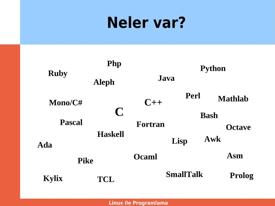 Kylix TCL C Haskell C++ Fortran Ocaml