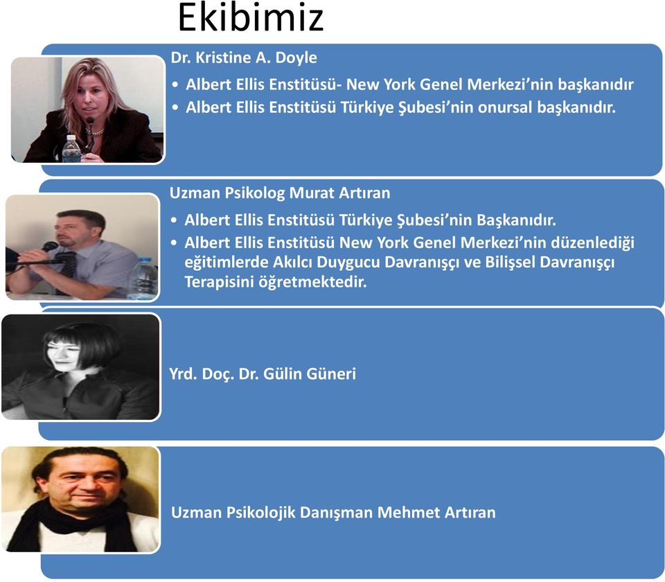 onursal başkanıdır. Uzman Psikolog Murat Artıran Albert Ellis Enstitüsü Türkiye Şubesi nin Başkanıdır.