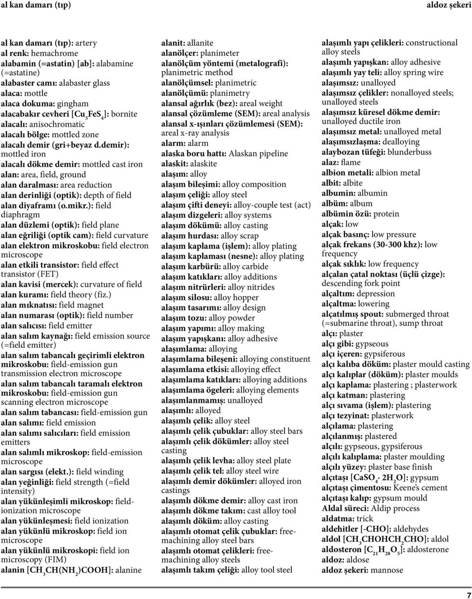 demir): mottled iron alacalı dökme demir: mottled cast iron alan: area, field, ground alan daralması: area reduction alan derinliği (optik): depth of field alan diyaframı (o.mikr.