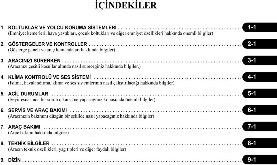 .................................................................... 3-1 (Aracınızı çeşitli koşullar altında nasıl süreceğiniz hakkında bilgiler.) 4. KLİMA KONTROLÜ VE SES SİSTEMİ.