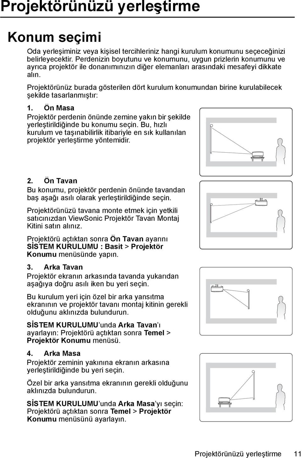 Projektörünüz burada gösterilen dört kurulum konumundan birine kurulabilecek şekilde tasarlanmıştır: 1. Ön Masa Projektör perdenin önünde zemine yakın bir şekilde yerleştirildiğinde bu konumu seçin.