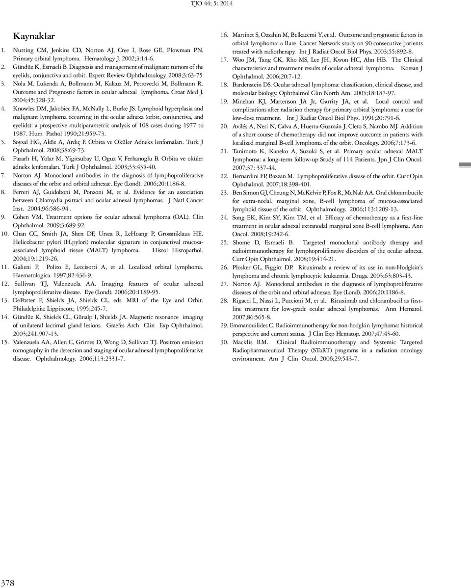 Outcome and Prognostic factors in ocular adnexal Iymphoma. Croat Med J. 2004;45:328-32. 4. Knowles DM, Jakobiec FA, McNally L, Burke JS.