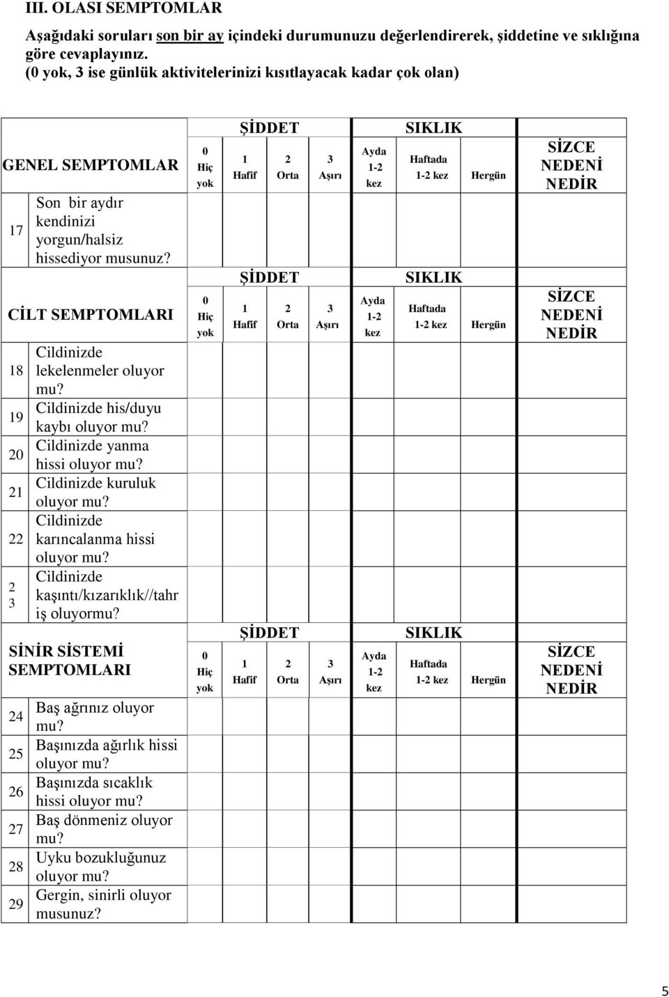 CĠLT SEMPTOMLARI 18 19 2 21 22 2 Cildinizde lekelenmeler oluyor Cildinizde his/duyu kaybı Cildinizde yanma hissi Cildinizde kuruluk Cildinizde karıncalanma hissi