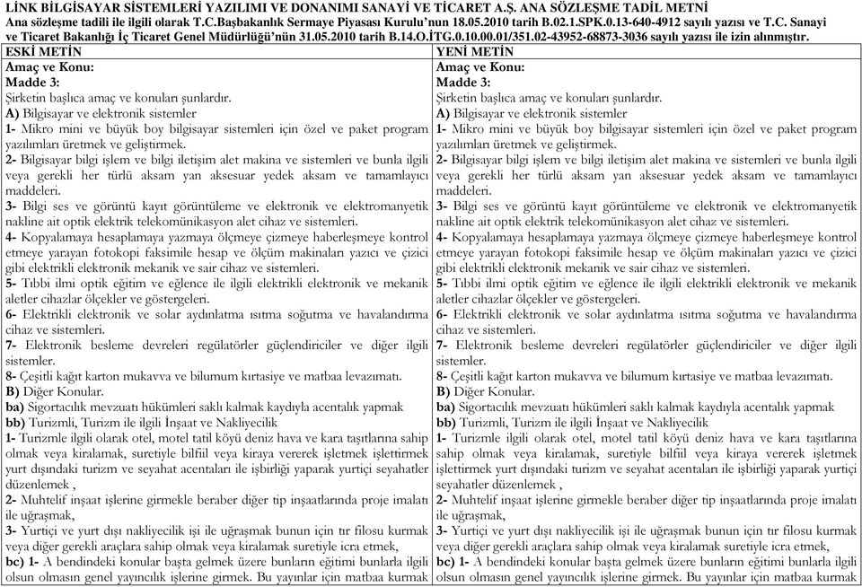 ESKİ METİN Amaç ve Konu: Madde 3: Şirketin başlıca amaç ve konuları şunlardır.