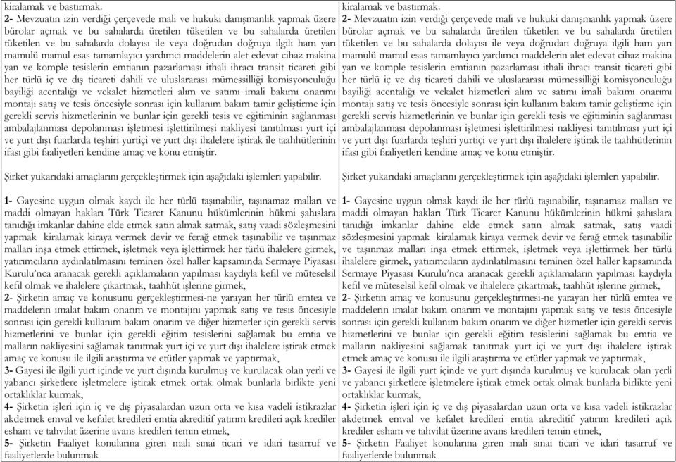 doğrudan doğruya ilgili ham yarı mamulü mamul esas tamamlayıcı yardımcı maddelerin alet edevat cihaz makina yan ve komple tesislerin emtianın pazarlaması ithali ihracı transit ticareti gibi her türlü