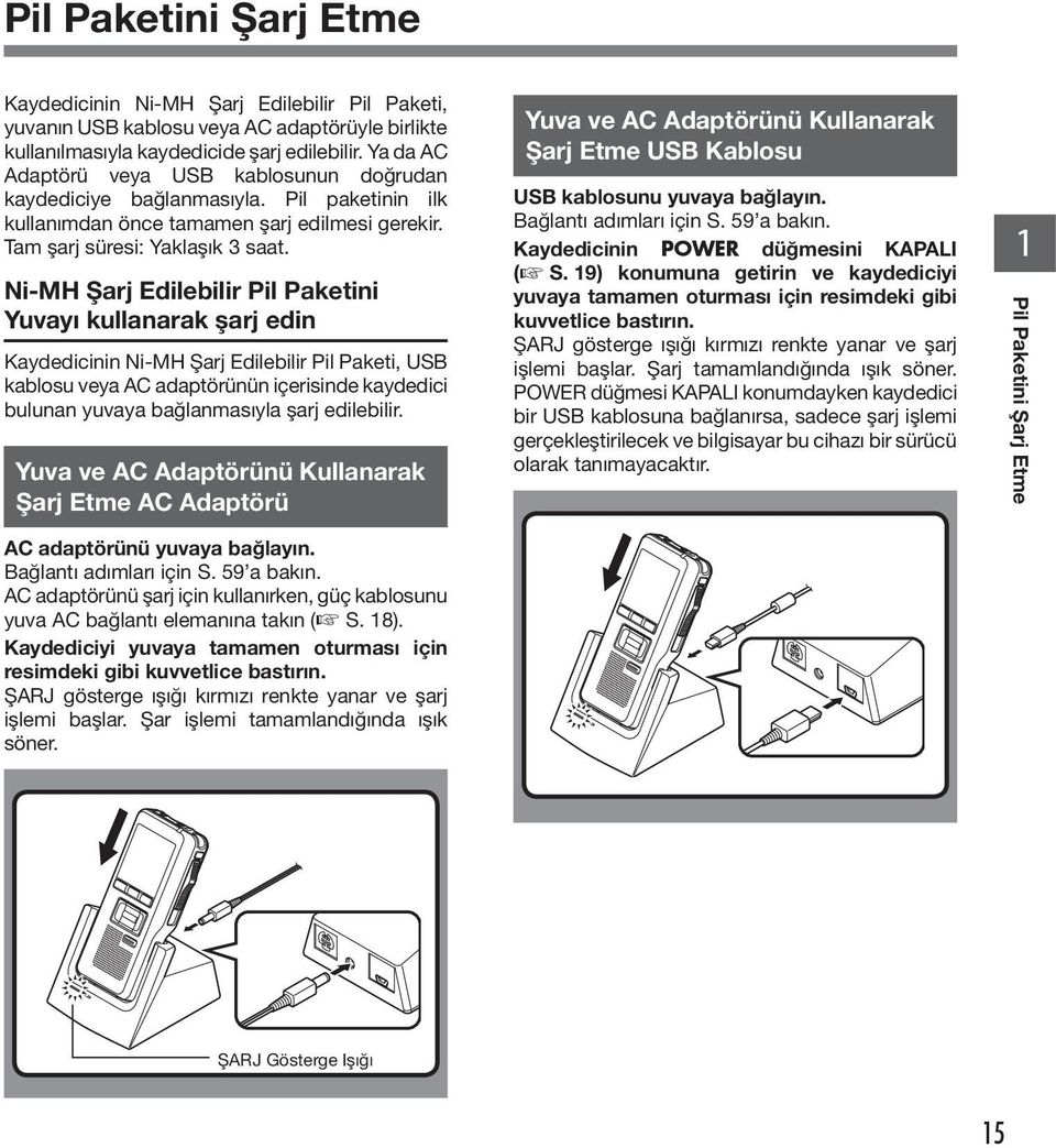 Ni-MH Şarj Edilebilir Pil Paketini Yuvayı kullanarak şarj edin Kaydedicinin Ni-MH Şarj Edilebilir Pil Paketi, USB kablosu veya AC adaptörünün içerisinde kaydedici bulunan yuvaya bağlanmasıyla şarj