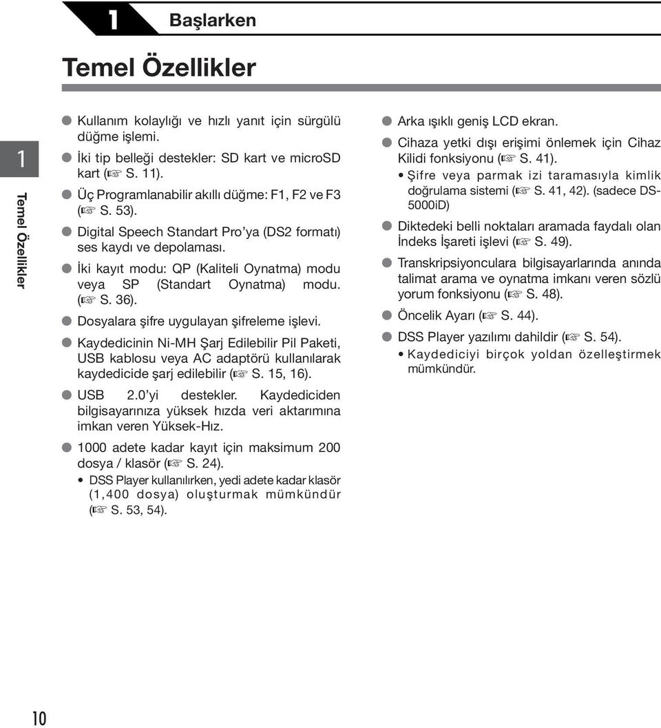 (+ S. 6). Dosyalara şifre uygulayan şifreleme işlevi. Kaydedicinin Ni-MH Şarj Edilebilir Pil Paketi, USB kablosu veya AC adaptörü kullanılarak kaydedicide şarj edilebilir (+ S. 5, 6). USB.0 yi destekler.