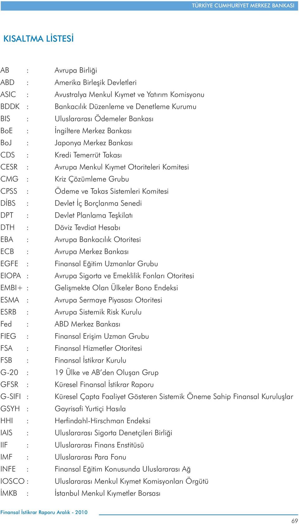 Komitesi D BS : Devlet ç Borçlanma Senedi DPT : Devlet Planlama Te kilat DTH : Döviz Tevdiat Hesab EBA : Avrupa Bankac l k Otoritesi ECB : Avrupa Merkez Bankas EGFE : Finansal E itim Uzmanlar Grubu