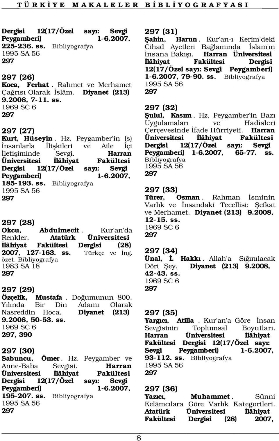 2008, 7-11. ss. 1969 SC 6 297 (32) 297 fiulul, Kas m. Hz. Peygamber'in Baz 297 (27) Kurt, Hüseyin. Hz. Peygamber'in (s) nsanlarla liflkileri ve Aile çi letifliminde Sevgi.