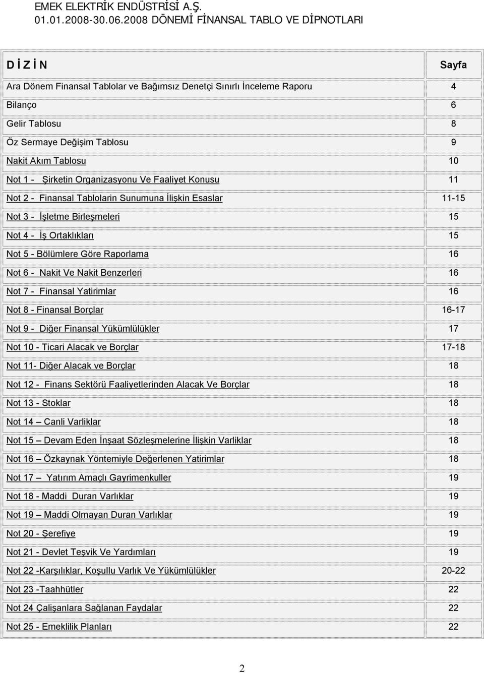 Tablosu 10 Not 1 - Şirketin Organizasyonu Ve Faaliyet Konusu 11 Not 2 - Finansal Tablolarin Sunumuna İlişkin Esaslar 11-15 Not 3 - İşletme Birleşmeleri 15 Not 4 - İş Ortaklıkları 15 Not 5 - Bölümlere