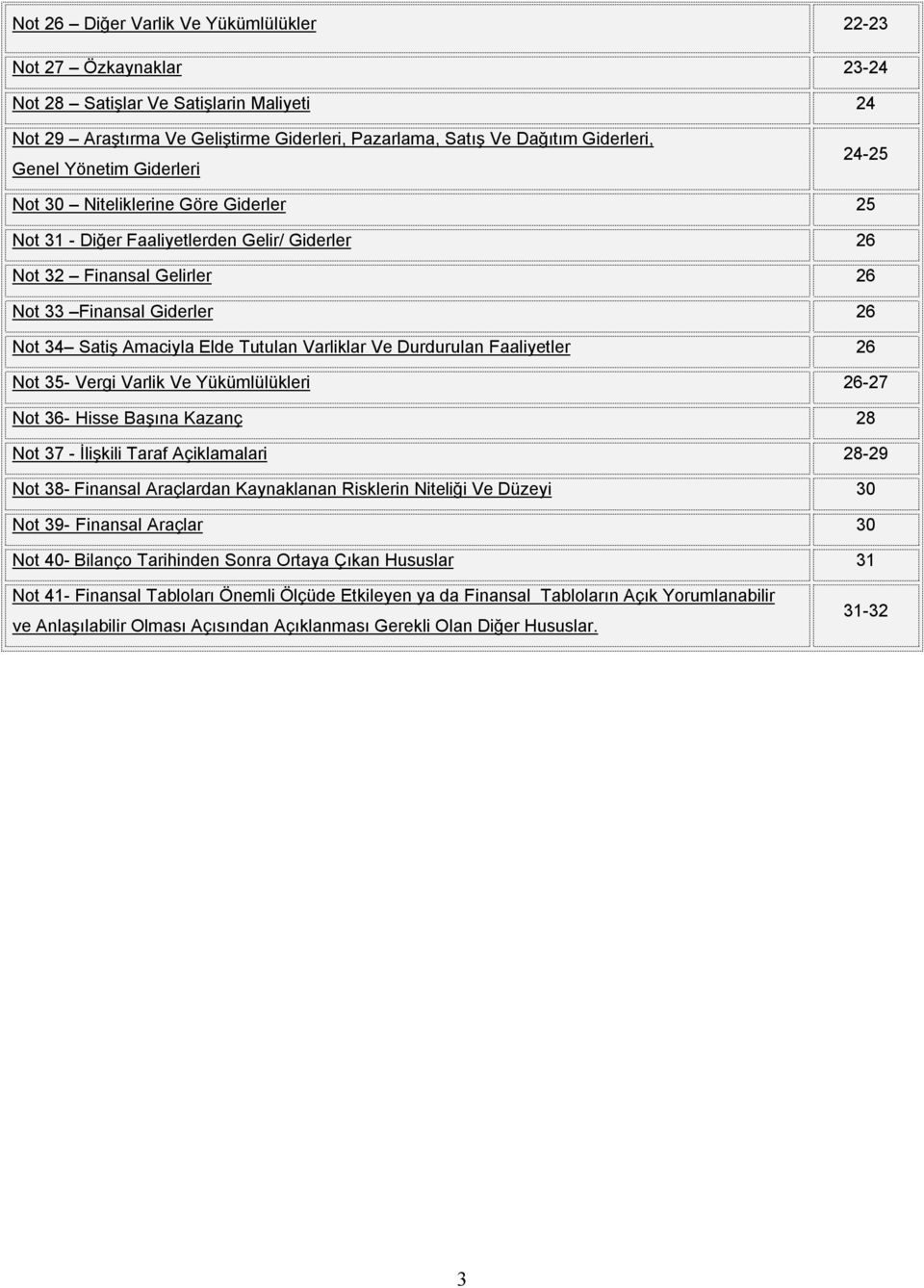 Tutulan Varliklar Ve Durdurulan Faaliyetler 26 Not 35- Vergi Varlik Ve Yükümlülükleri 26-27 Not 36- Hisse Başına Kazanç 28 Not 37 - İlişkili Taraf Açiklamalari 28-29 Not 38- Finansal Araçlardan