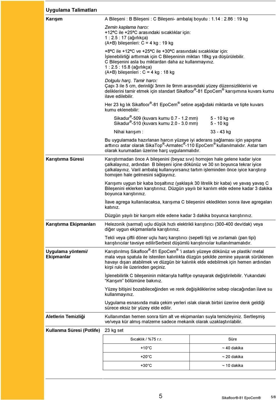 5 : 17 (ağırlıkça) (A+B) bileşenleri: C = 4 kg : 19 kg +8ºC ile +12ºC ve +25ºC ile +30ºC arasındaki sıcaklıklar için: İşlenebilirliği arttırmak için C Bileşeninin miktarı 18kg ya düşürülebilir.