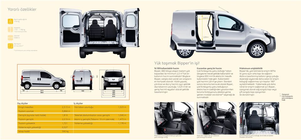 Dış ölçüler %100 kullanılabilir hacim Bipper, 660 kiloya ulaşan toplam yük kapasitesi ile minimum 2,5 m3 lük bir kullanım hacmi sunmaktadır!