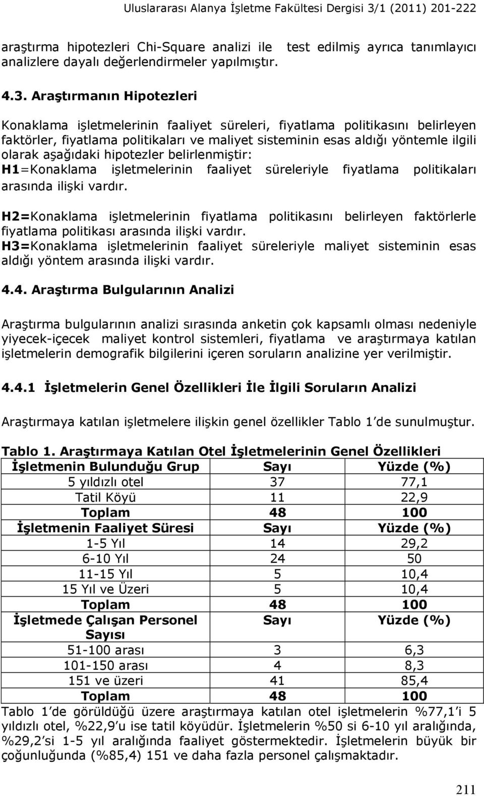 Araştırmanın Hipotezleri Konaklama işletmelerinin faaliyet süreleri, fiyatlama politikasını belirleyen faktörler, fiyatlama politikaları ve maliyet sisteminin esas aldığı yöntemle ilgili olarak