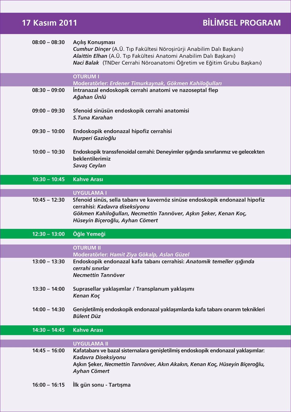 T p Fakültesi Anatomi Anabilim Dal Baflkan ) Naci Balak (TNDer Cerrahi Nöroanatomi Ö retim ve E itim Grubu Baflkan ) OTURUM I Moderatörler: Erdener Timurkaynak, Gökmen Kahilo ullar 08:30 09:00