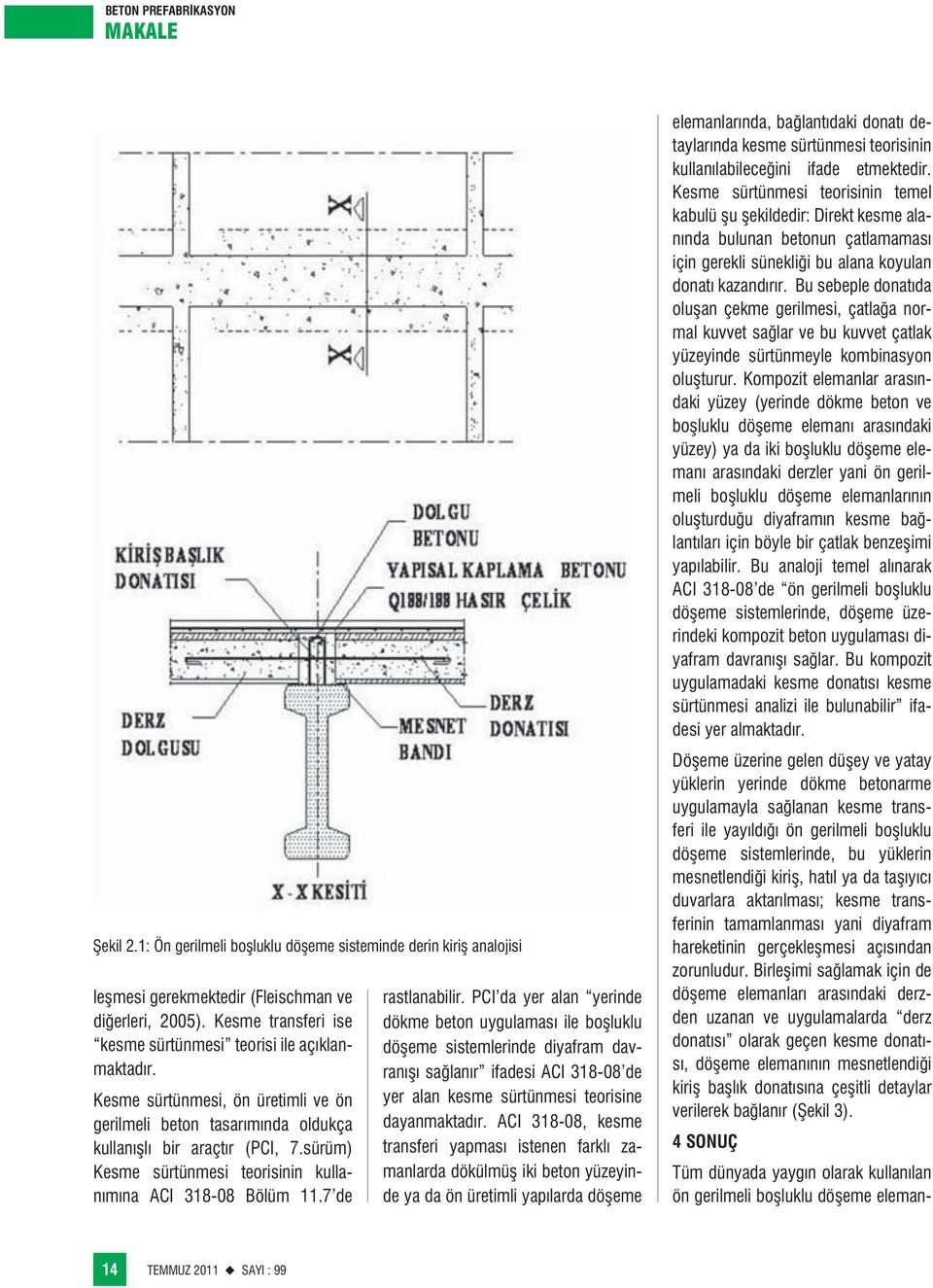 PCI da yer alan yerinde dökme beton uygulaması ile boşluklu döşeme sistemlerinde diyafram davranışı sağlanır ifadesi ACI 318-08 de yer alan kesme sürtünmesi teorisine dayanmaktadır.