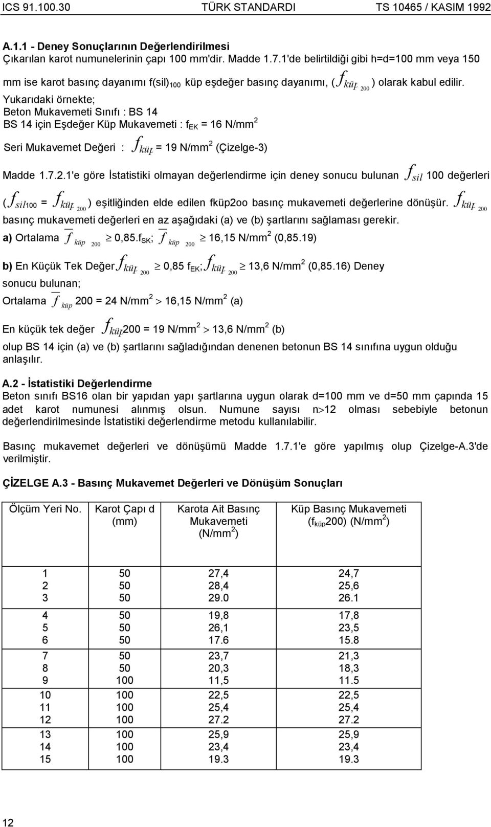 16 N/mm 2 ) olarak kabul edilir. Seri Mukavemet Değeri : = 19 N/mm 2 (Çizelge-3) Madde 1.7.2.1'e göre İstatistiki olmayan değerlendirme için deney sonucu bulunan ( sil 100 = sil 100 değerleri ) eşitliğinden elde edilen 2oo basõnç mukavemeti değerlerine dönüşür.