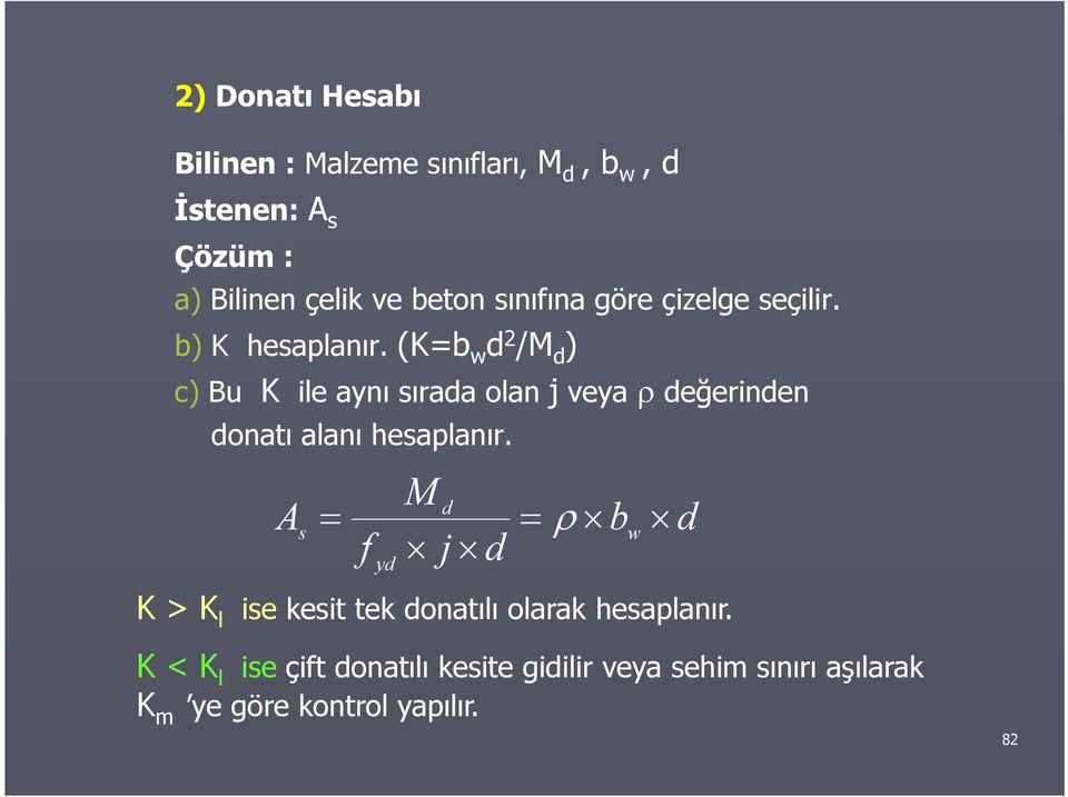 (K=b w 2 /M ) c) Bu K ile aynı ıraa olan j veya eğerinen K > K l onatı alanı heaplanır.