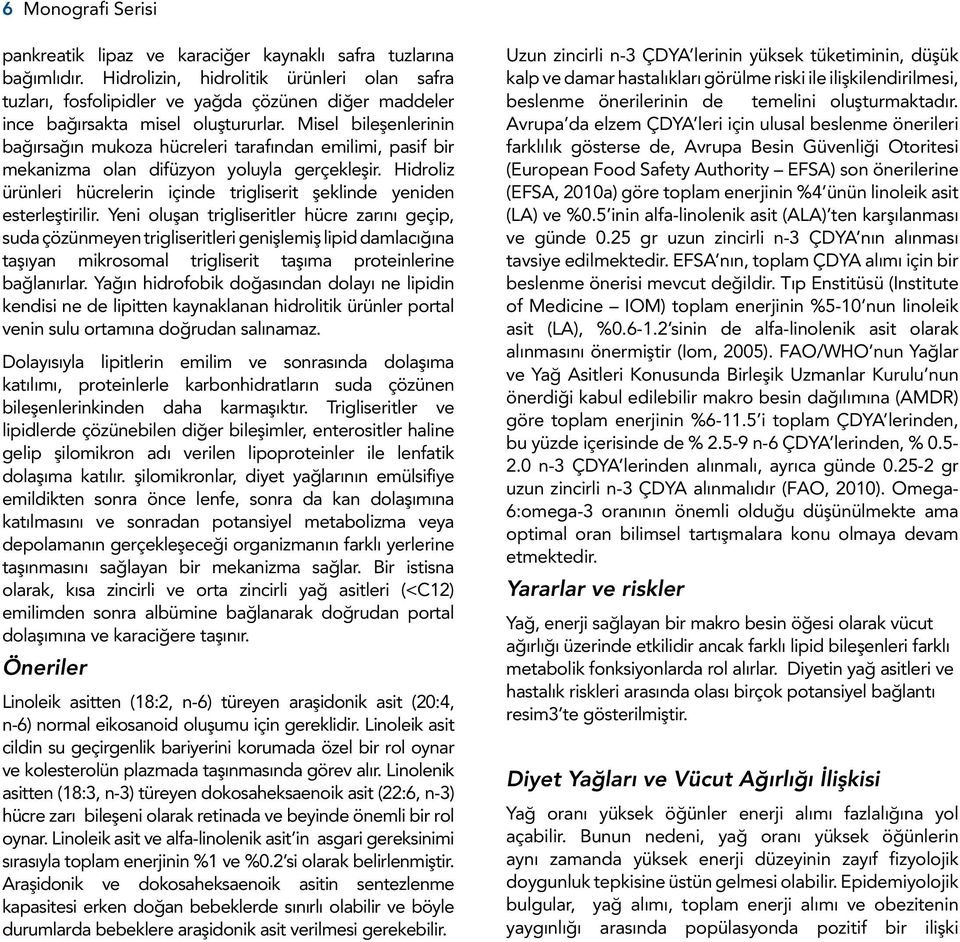 Misel bileşenlerinin bağırsağın mukoza hücreleri tarafından emilimi, pasif bir mekanizma olan difüzyon yoluyla gerçekleşir.