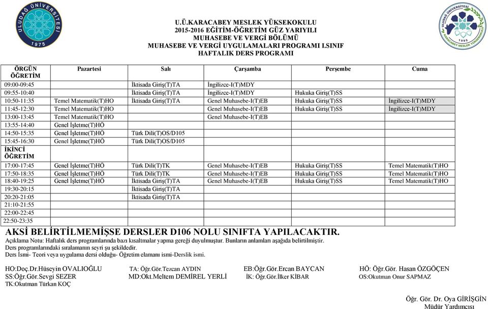 Hukuka GiriĢ(T)SS Ġngilizce-I(T)MDY 11:45-12:30 Temel Matematik(T)HO Genel Muhasebe-I(T)EB Hukuka GiriĢ(T)SS Ġngilizce-I(T)MDY 13:00-13:45 Temel Matematik(T)HO Genel Muhasebe-I(T)EB 13:55-14:40 Genel