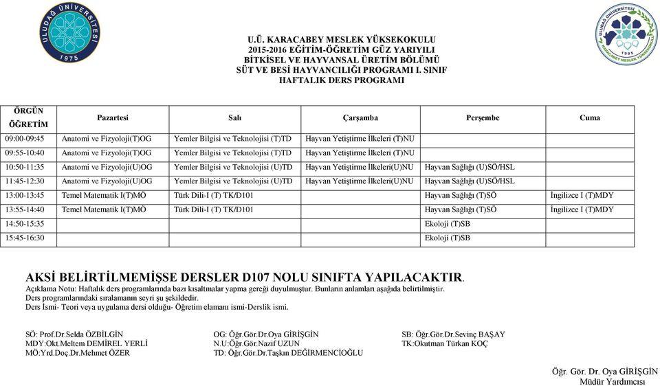 YetiĢtirme Ġlkeleri (T)NU 10:50-11:35 Anatomi ve Fizyoloji(U)OG Yemler Bilgisi ve Teknolojisi (U)TD Hayvan YetiĢtirme Ġlkeleri(U)NU Hayvan Sağlığı (U)SÖ/HSL 11:45-12:30 Anatomi ve Fizyoloji(U)OG