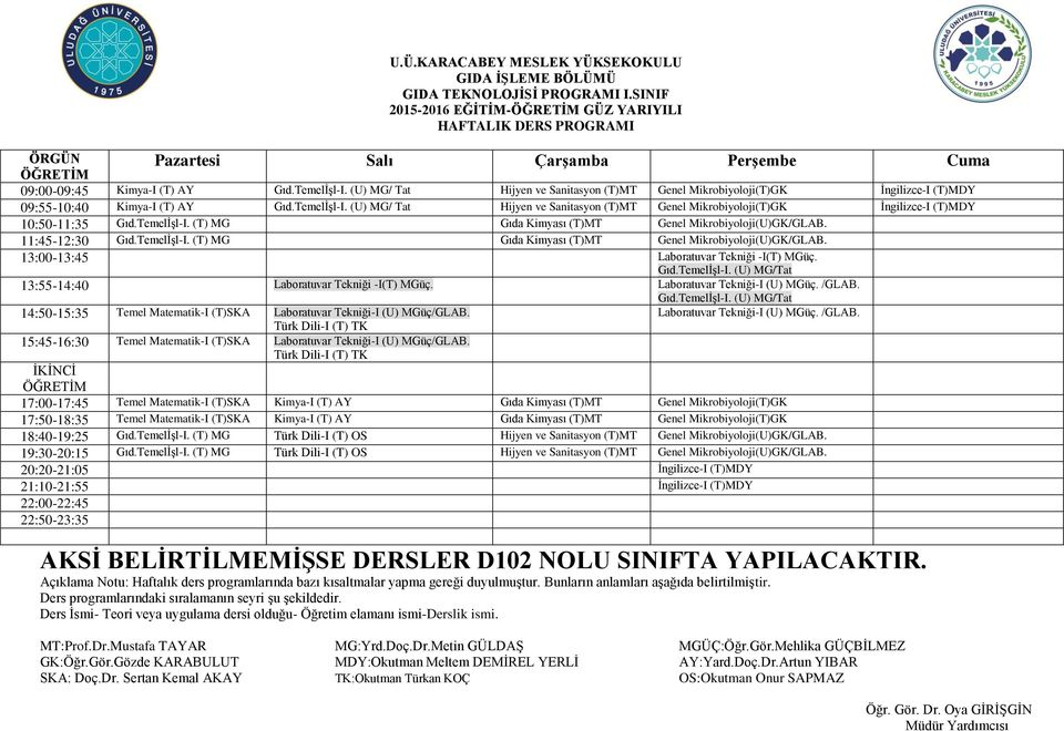 (U) MG/ Tat Hijyen ve Sanitasyon (T)MT Genel Mikrobiyoloji(T)GK Ġngilizce-I (T)MDY 10:50-11:35 Gıd.TemelĠĢl-I. (T) MG Gıda Kimyası (T)MT Genel Mikrobiyoloji(U)GK/GLAB.