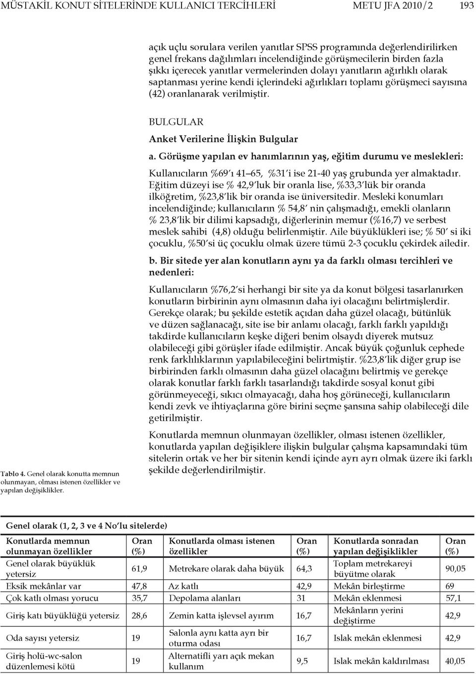 Genel olarak konutta memnun olunmayan, olması istenen özellikler ve yapılan değişiklikler. BULGULAR Anket Verilerine İlişkin Bulgular a.