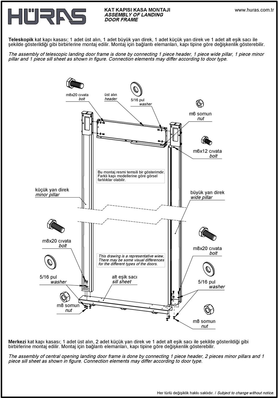 The assembly of telescopic landing door frame is done by connecting 1 piece header, 1 piece wide pillar, 1 piece minor pillar and 1 piece sill sheet as shown in figure.