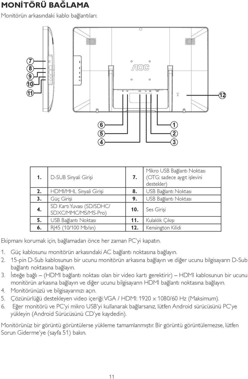 RJ45 (10/100 Mb/sn) 12. Kensington Kilidi Ekipmanı korumak için, bağlamadan önce her zaman PC'yi kapatın. 1. Güç kablosunu monitörün arkasındaki AC bağlantı noktasına bağlayın. 2.