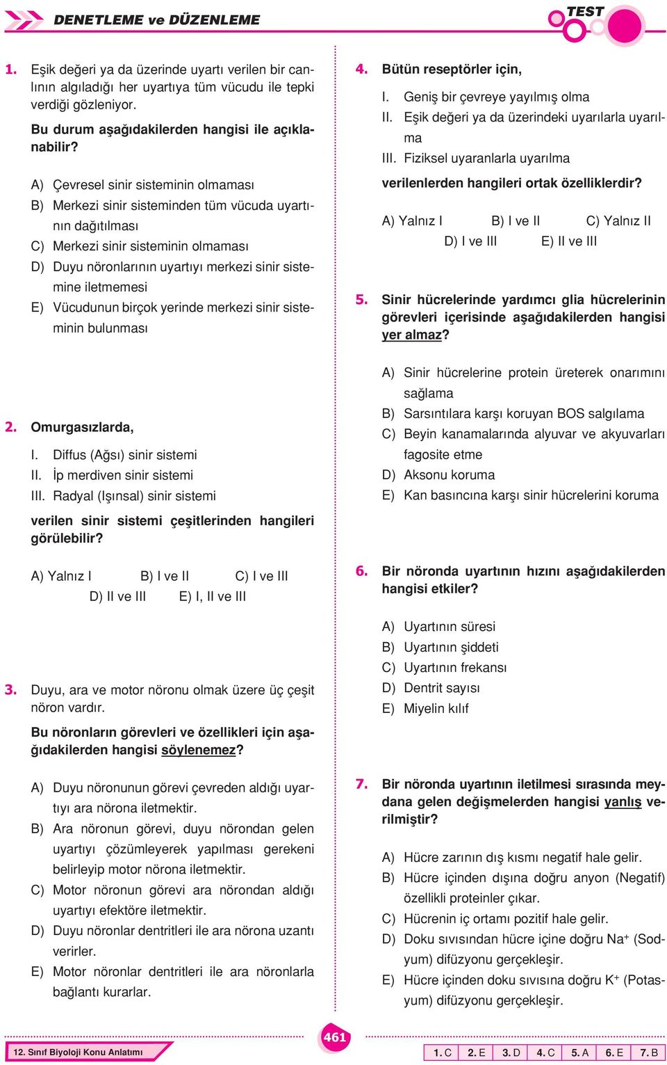 iletmemesi E) Vücudunun birçok yerinde merkezi sinir sisteminin bulunması 4. Bütün reseptörler için, I. Geniş bir çevreye yayılmış olma II. Eşik değeri ya da üzerindeki uyarılarla uyarılma III.