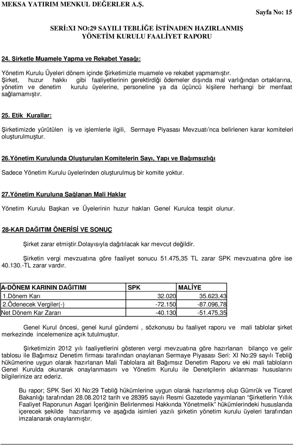 sağlamamıştır. 25. Etik Kurallar: Şirketimizde yürütülen iş ve işlemlerle ilgili, Sermaye Piyasası Mevzuatı nca belirlenen karar komiteleri oluşturulmuştur. 26.