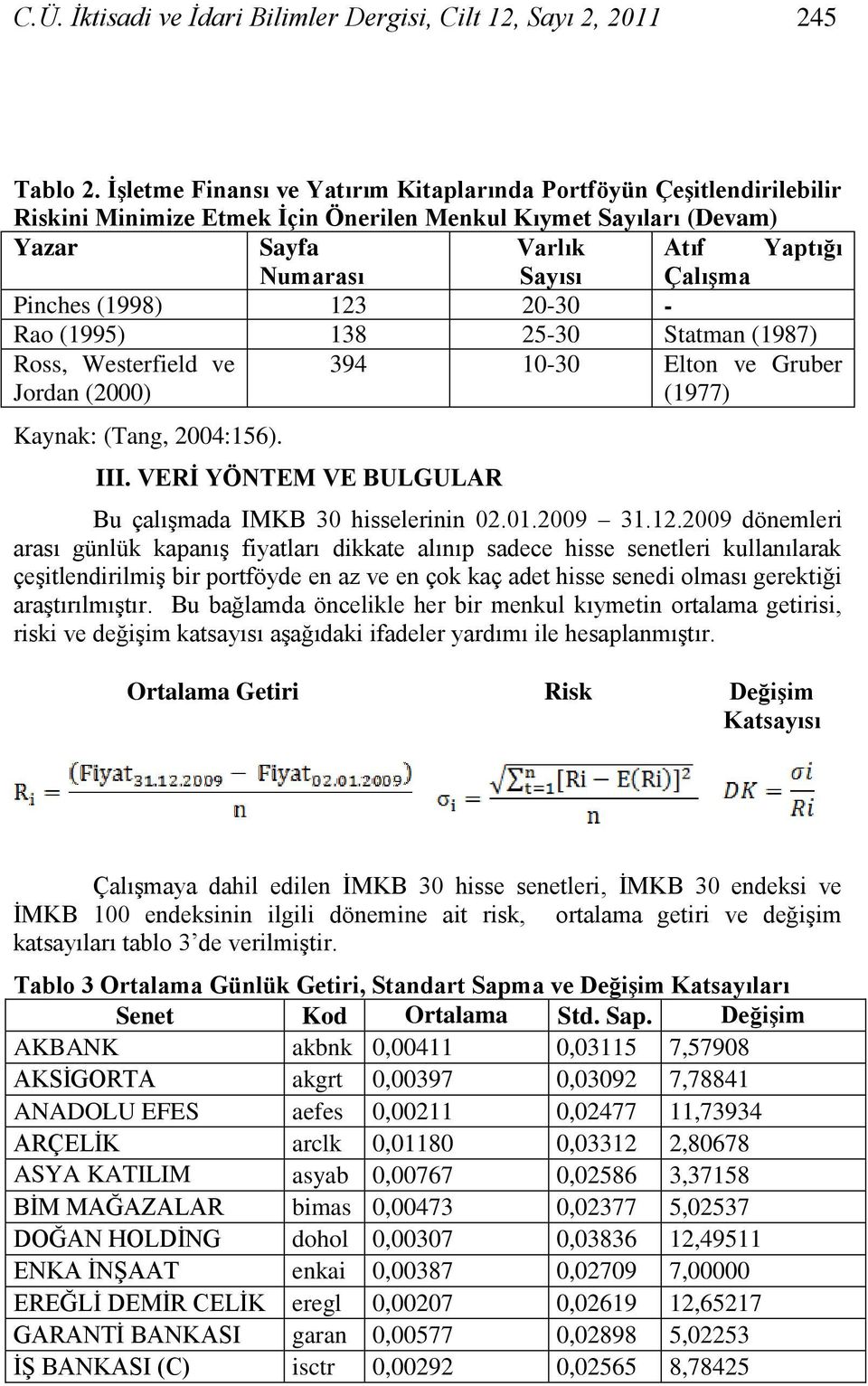 Pinches (1998) 123 20-30 - Rao (1995) 138 25-30 Statman (1987) Ross, Westerfield ve Jordan (2000) 394 10-30 Elton ve Gruber (1977) Kaynak: (Tang, 2004:156). III.