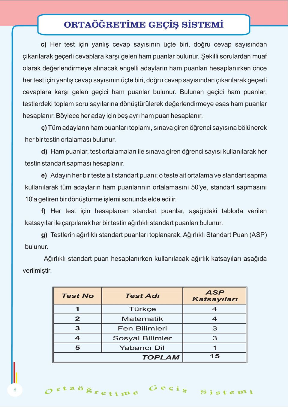 cevaplara karþý gelen geçici ham puanlar bulunur. Bulunan geçici ham puanlar, testlerdeki toplam soru sayýlarýna dönüþtürülerek deðerlendirmeye esas ham puanlar hesaplanýr.