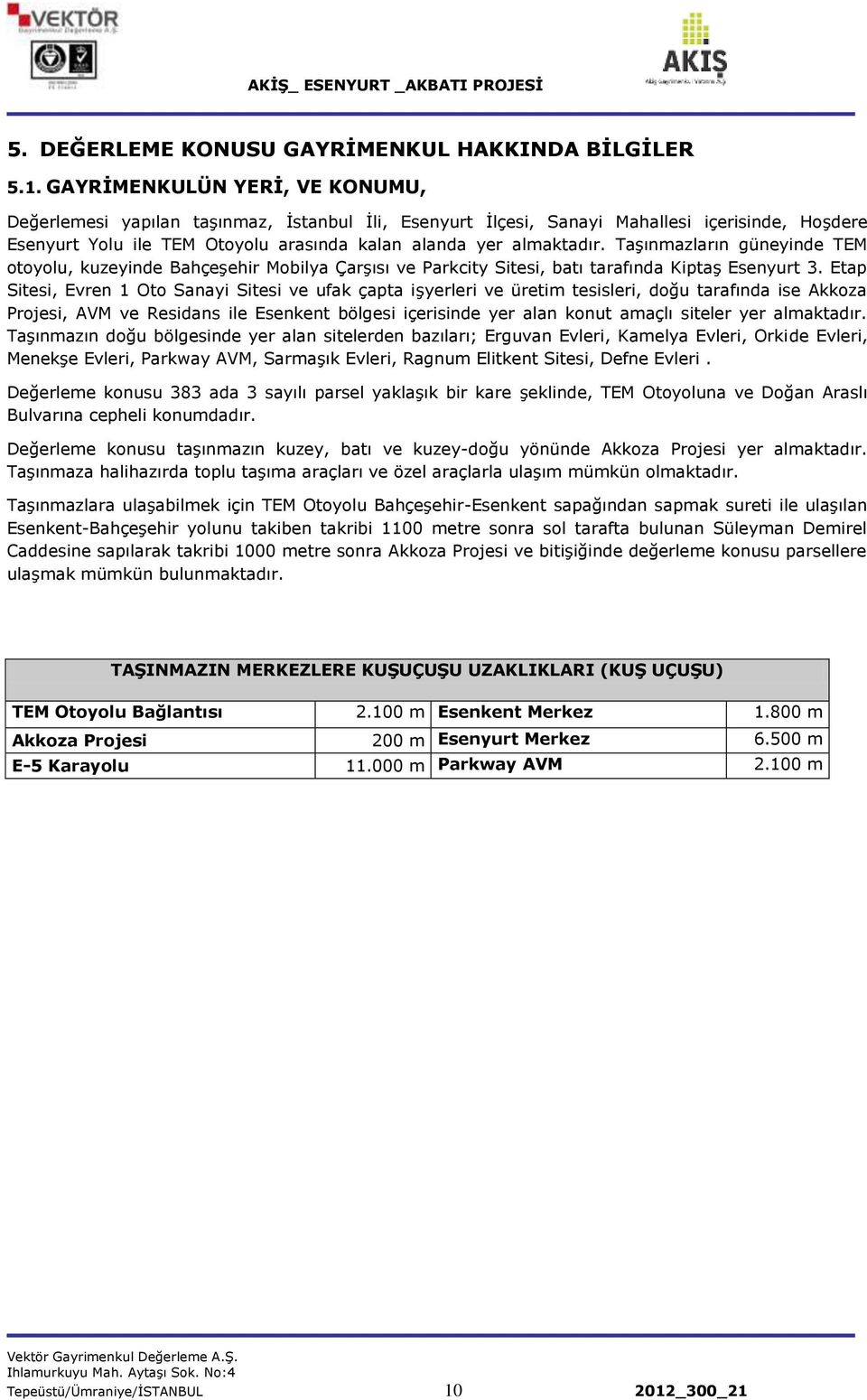 TaĢınmazların güneyinde TEM otoyolu, kuzeyinde BahçeĢehir Mobilya ÇarĢısı ve Parkcity Sitesi, batı tarafında KiptaĢ Esenyurt 3.