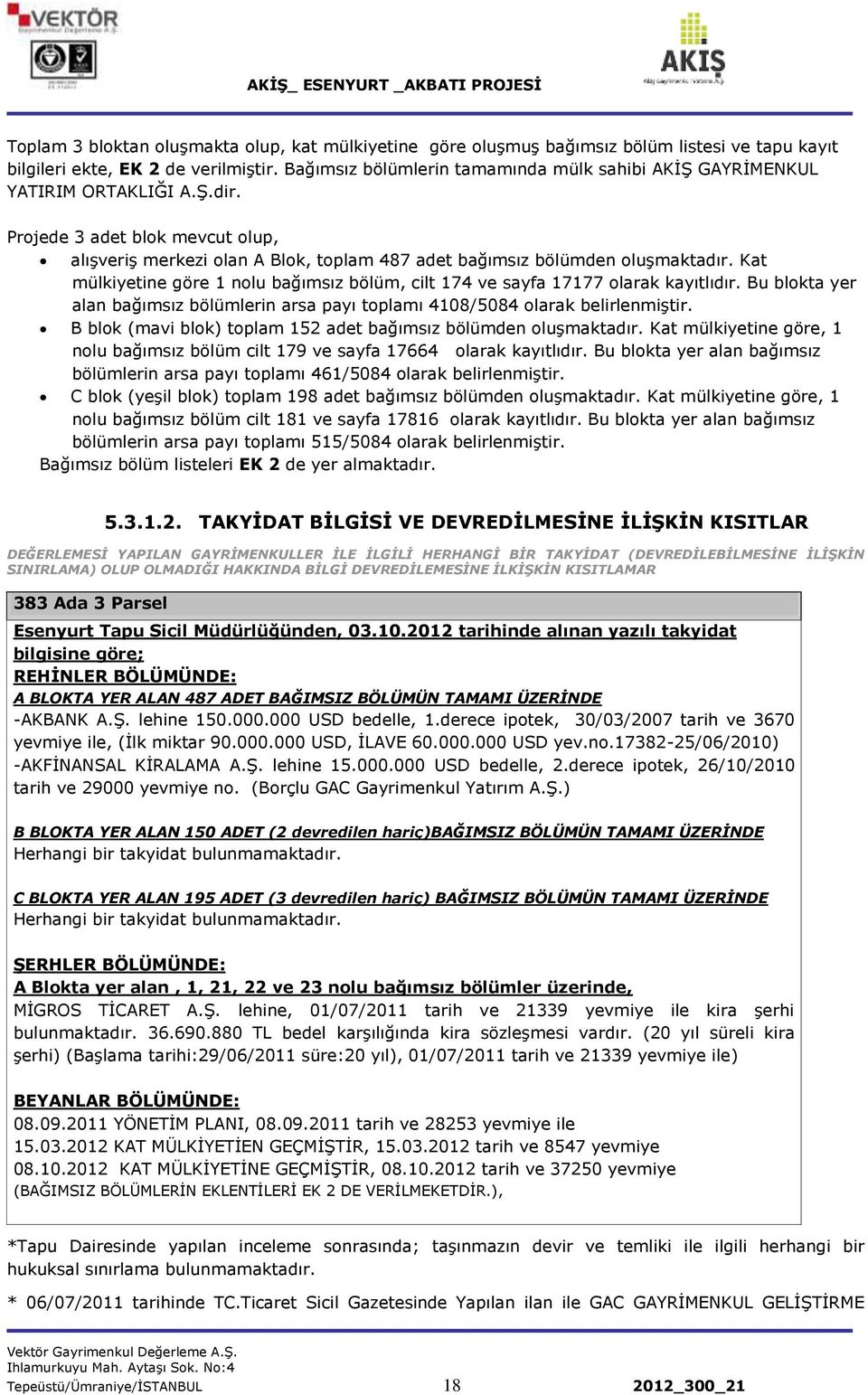 Kat mülkiyetine göre 1 nolu bağımsız bölüm, cilt 174 ve sayfa 17177 olarak kayıtlıdır. Bu blokta yer alan bağımsız bölümlerin arsa payı toplamı 4108/5084 olarak belirlenmiģtir.