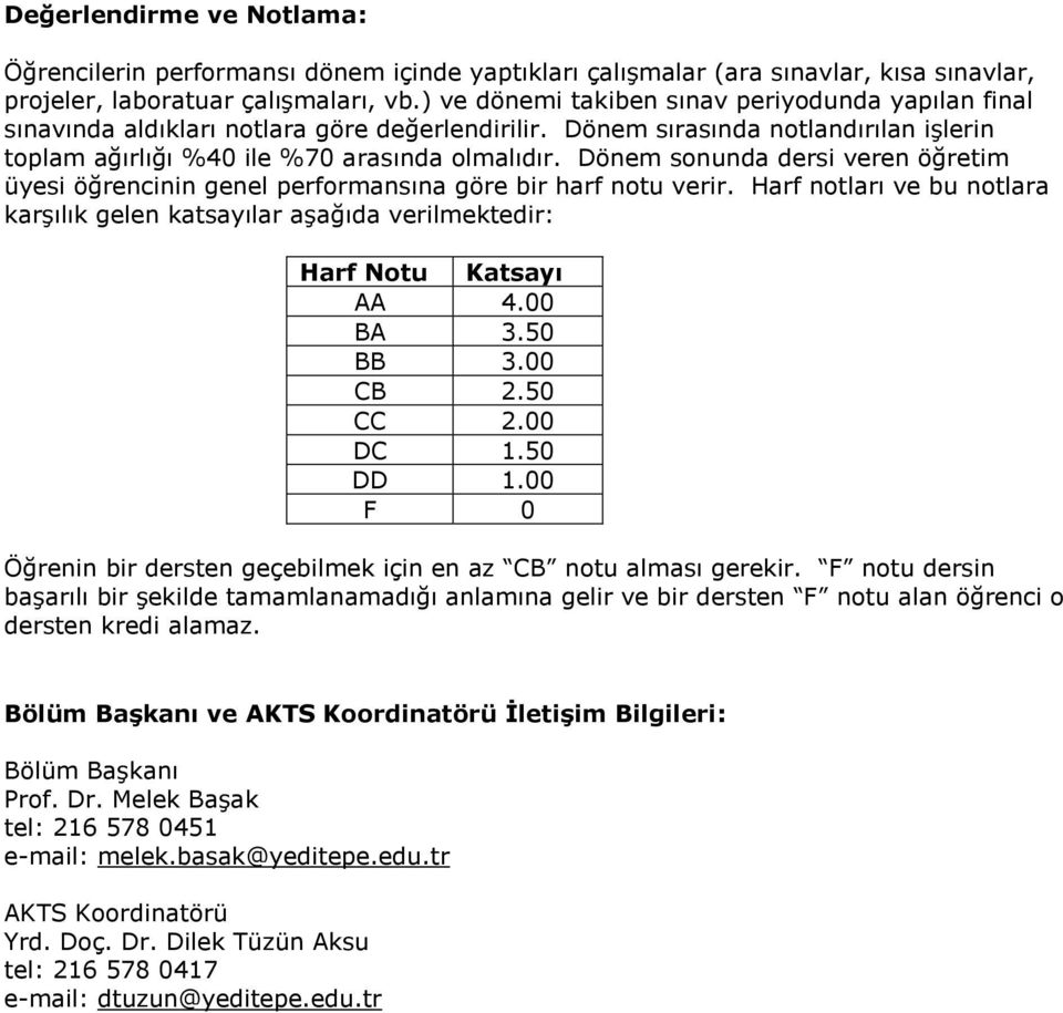 Dönem sonunda dersi veren öğretim üyesi öğrencinin genel performansına göre bir harf notu verir. Harf notları ve bu notlara karģılık gelen katsayılar aģağıda verilmektedir: Harf Notu Katsayı AA 4.