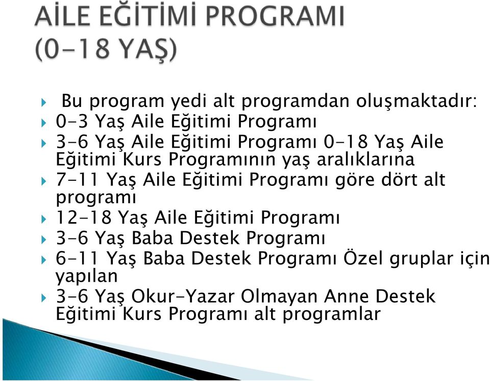 dört alt programı 12-18 Yaş Aile Eğitimi Programı 3-6 Yaş Baba Destek Programı 6-11 Yaş Baba Destek