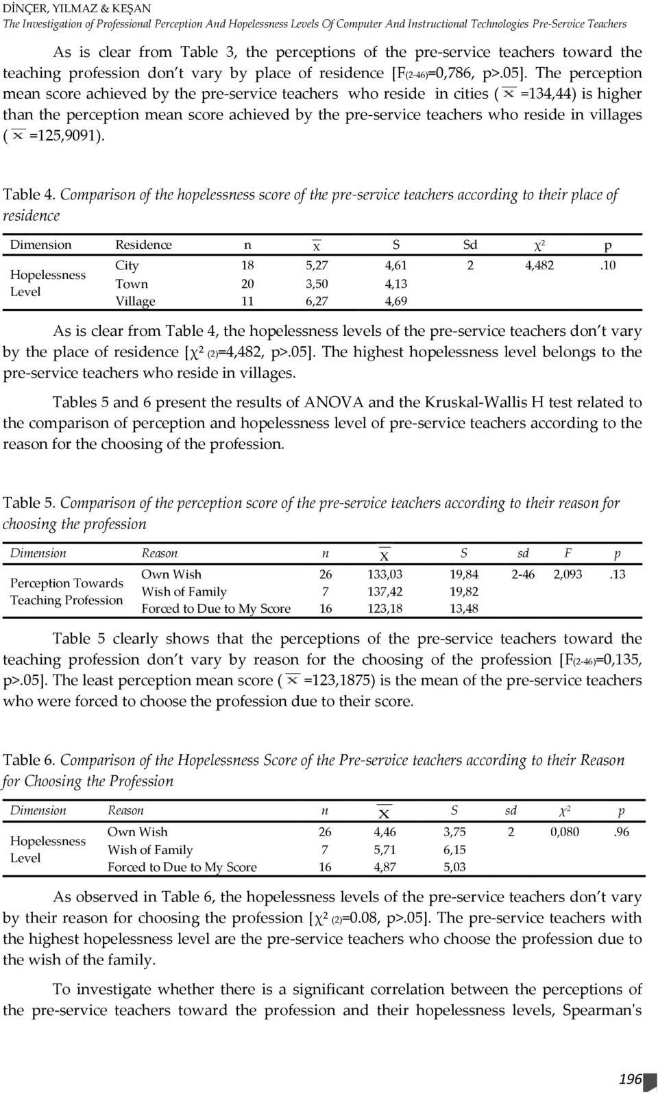 The perception mean score achieved by the pre-service teachers who reside in cities ( X =134,44) is higher than the perception mean score achieved by the pre-service teachers who reside in villages (