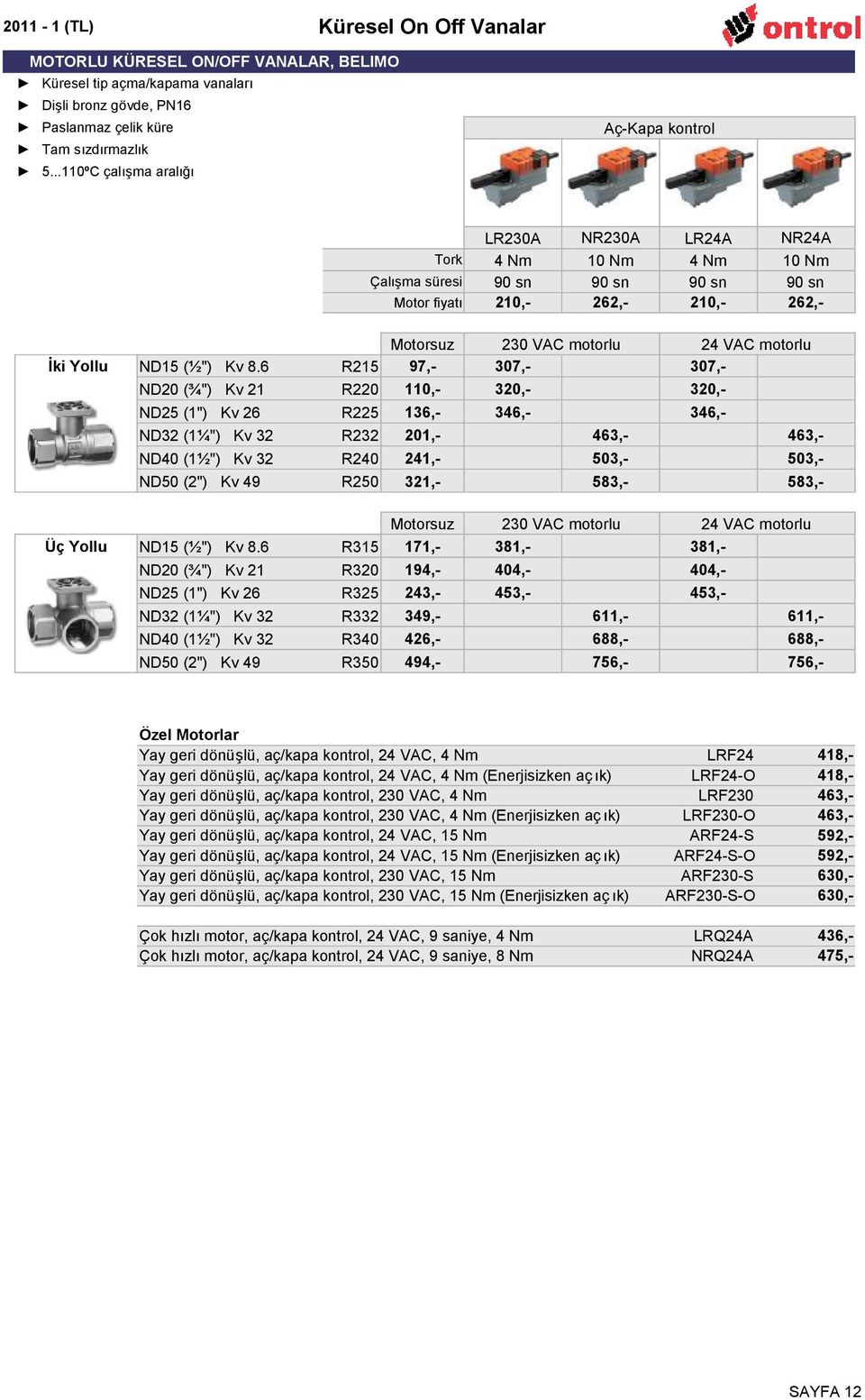 VAC motorlu İki Yollu ND15 (½") Kv 8.