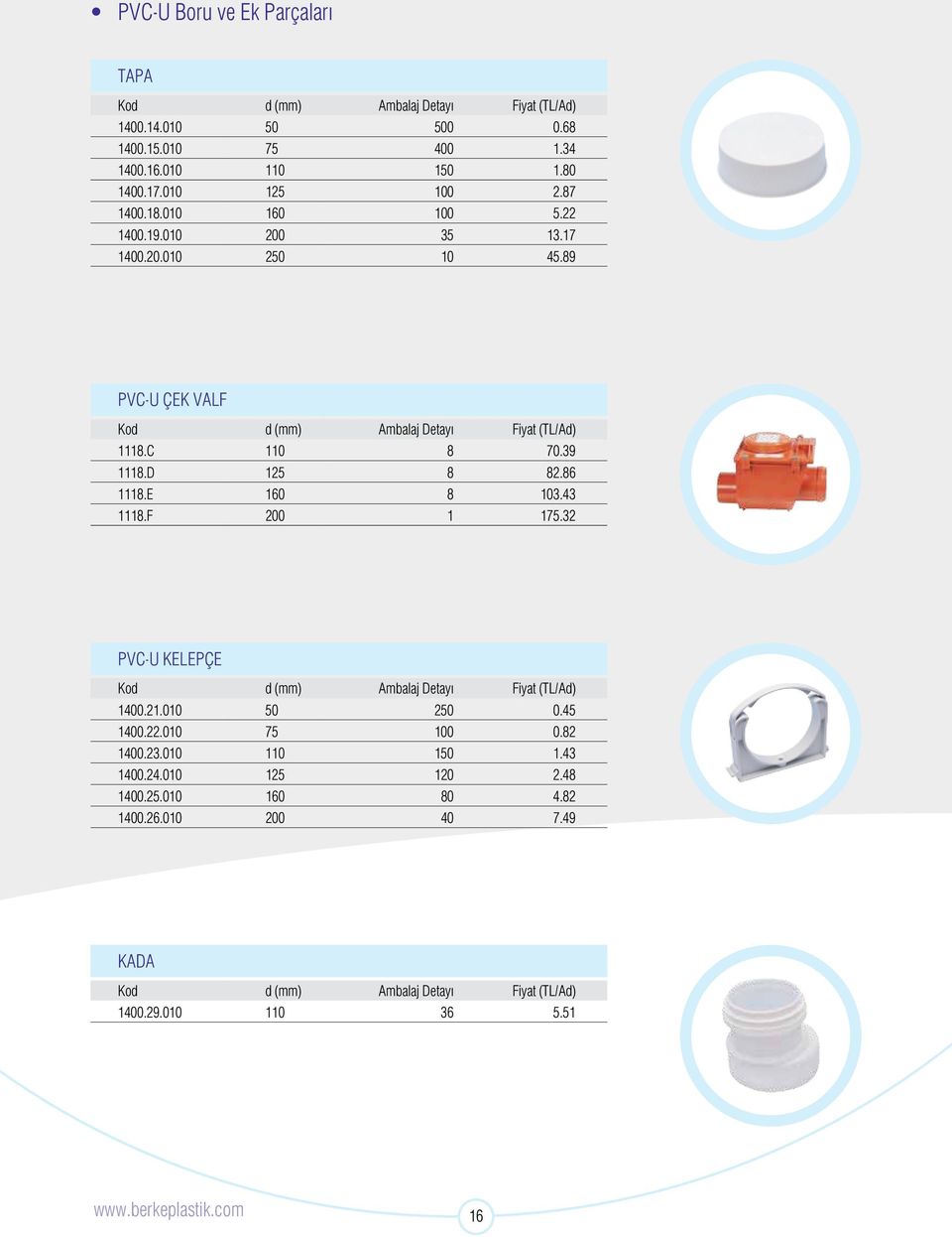 39 1118.D 125 8 82.86 1118.E 160 8 103.43 1118.F 200 1 175.32 PVC-U KELEPÇE 1400.21.010 50 250 0.45 1400.22.010 75 100 0.