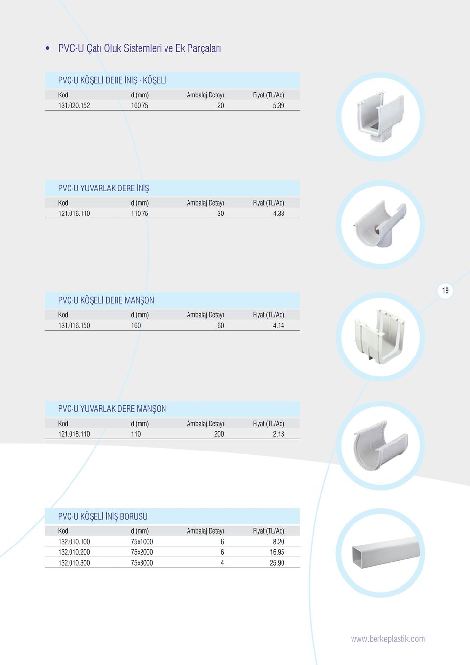 38 PVC-U KÖŞELİ DERE MANŞON 19 131.016.150 160 60 4.14 PVC-U YUVARLAK DERE MANŞON 121.018.