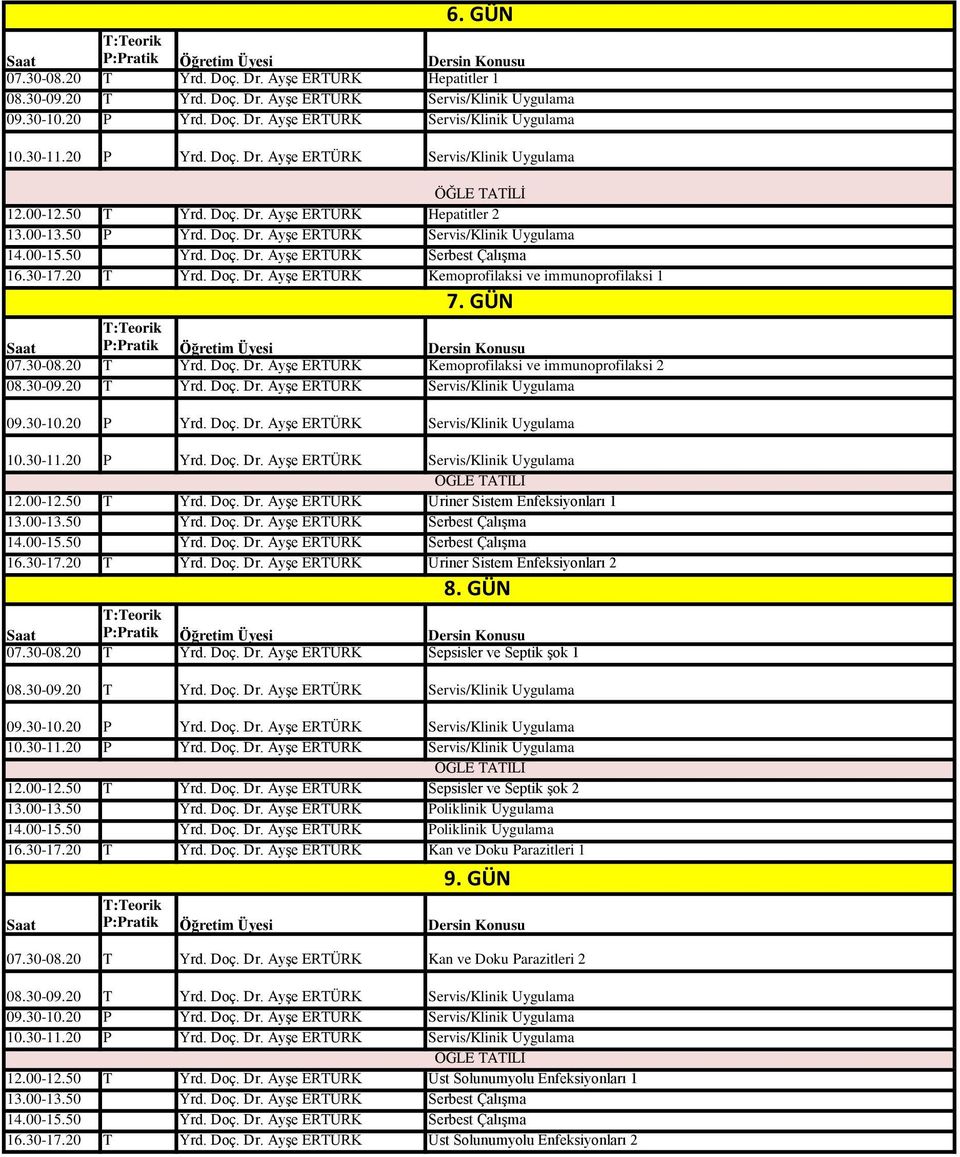 GÜN 07.30-08.20 Yrd. Doç. Dr. Ayşe ERÜRK Kemoprofilaksi ve immunoprofilaksi 2 08.30-09.20 Yrd. Doç. Dr. Ayşe ERÜRK Servis/Klinik Uygulama 09.30-10.20 Yrd. Doç. Dr. Ayşe ERÜRK Servis/Klinik Uygulama 10.