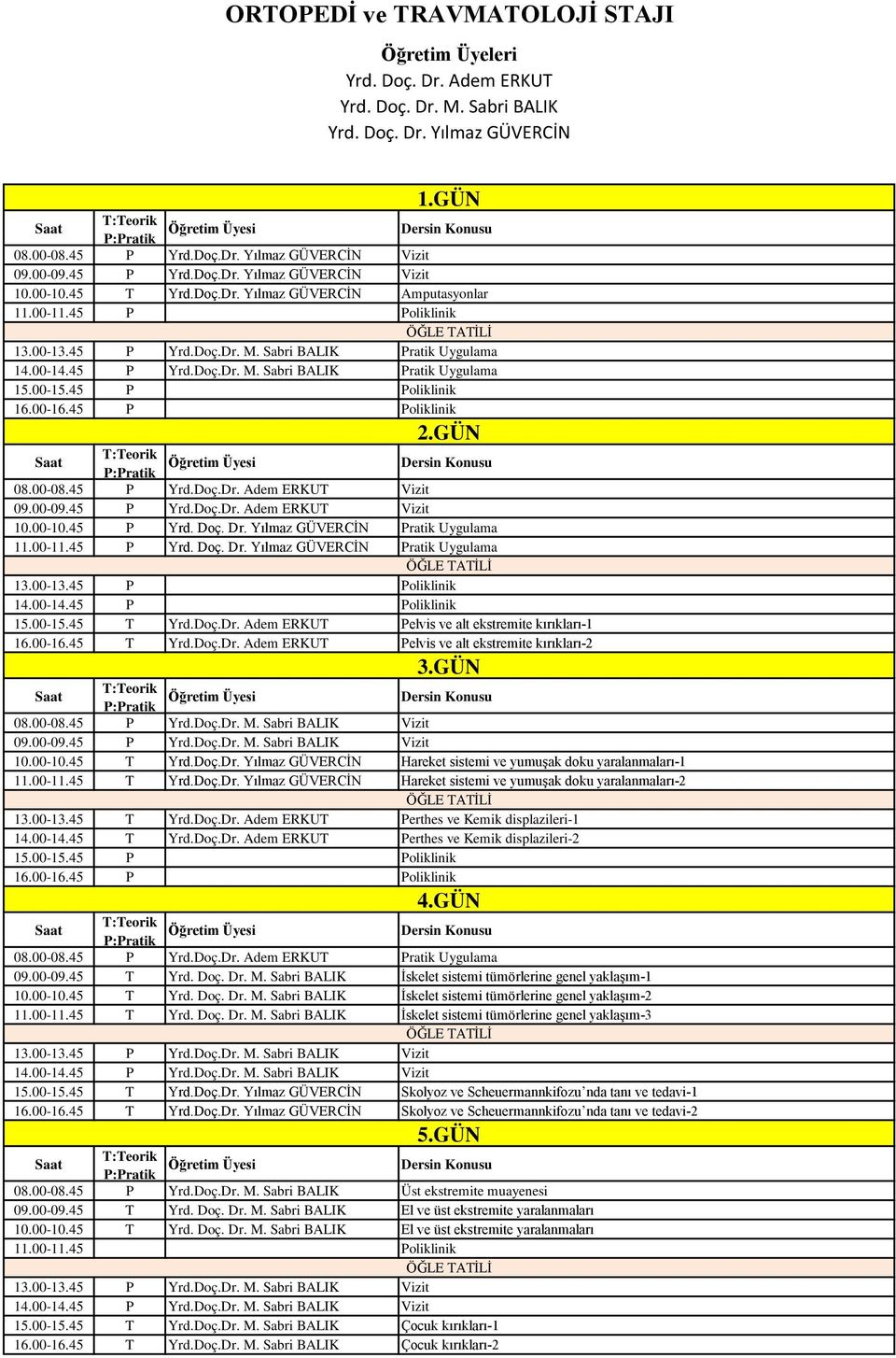 45 oliklinik 16.00-16.45 oliklinik 2.GÜN 08.00-08.45 Yrd.Doç.Dr. Adem ERKU Vizit 09.00-09.45 Yrd.Doç.Dr. Adem ERKU Vizit 10.00-10.45 Yrd. Doç. Dr. Yılmaz GÜVERCİN ratik Uygulama 11.00-11.45 Yrd. Doç. Dr. Yılmaz GÜVERCİN ratik Uygulama 13.