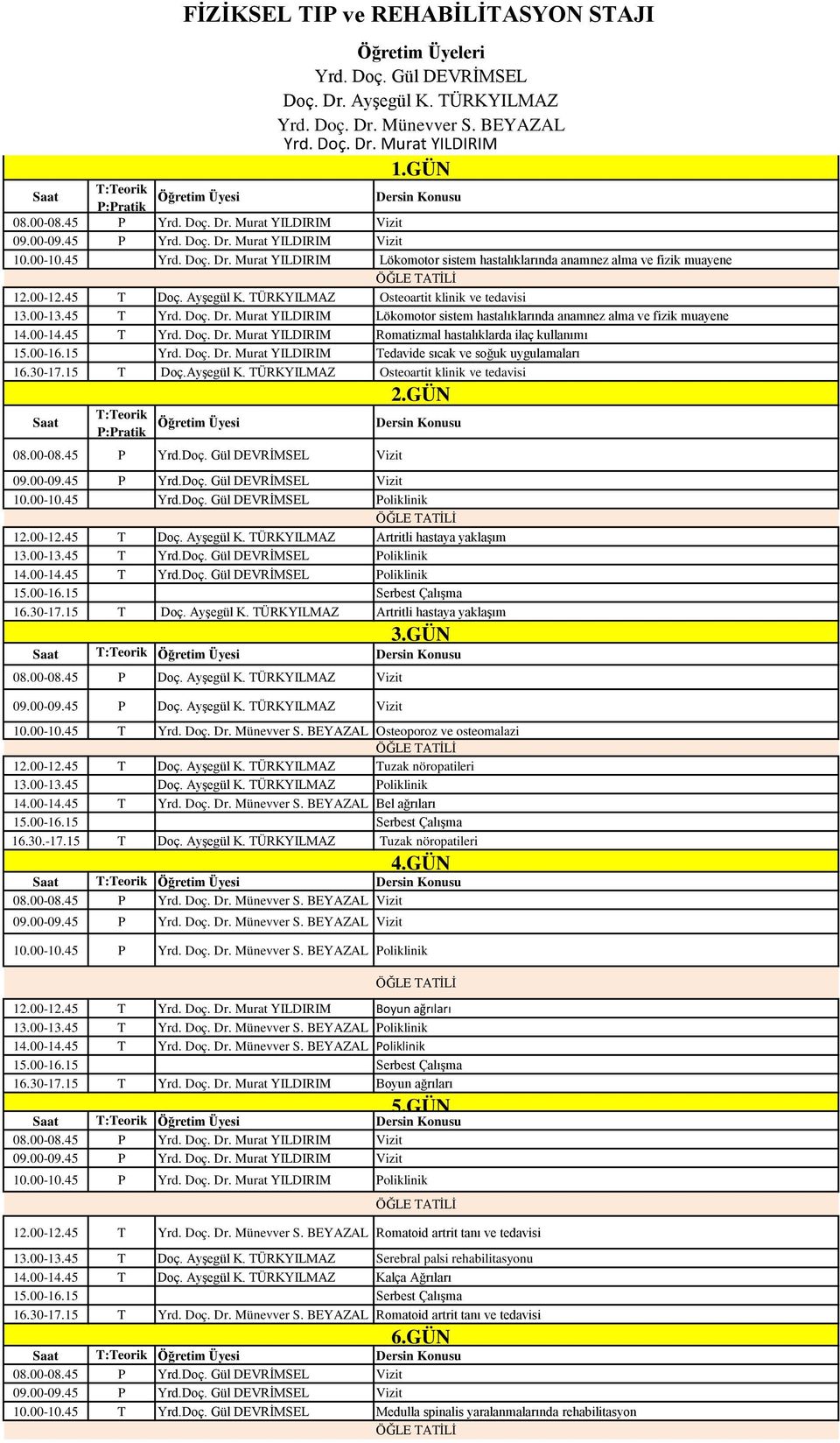 ÜRKYILMAZ Osteoartit klinik ve tedavisi 13.00-13.45 Yrd. Doç. Dr. Murat YILDIRIM Lökomotor sistem hastalıklarında anamnez alma ve fizik muayene 14.00-14.45 Yrd. Doç. Dr. Murat YILDIRIM Romatizmal hastalıklarda ilaç kullanımı 15.