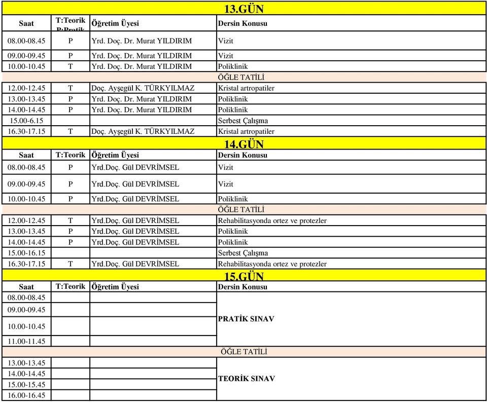 ÜRKYILMAZ Kristal artropatiler 08.00-08.45 Yrd.Doç. Gül DEVRİMSEL Vizit 09.00-09.45 Yrd.Doç. Gül DEVRİMSEL Vizit 10.00-10.45 Yrd.Doç. Gül DEVRİMSEL oliklinik 12.00-12.45 Yrd.Doç. Gül DEVRİMSEL Rehabilitasyonda ortez ve protezler 13.