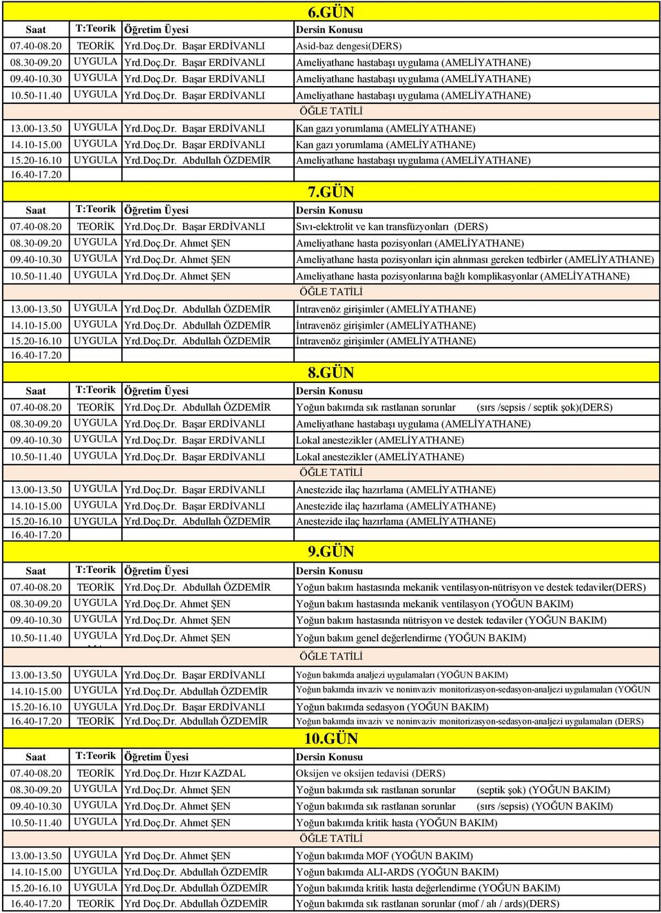 20-16.10 UYGULA Yrd.Doç.Dr. Abdullah ÖZDEMİR Ameliyathane hastabaşı uygulama (AMELİYAHANE) 16.40-17.20 7.GÜN 07.40-08.20 EORİK Yrd.Doç.Dr. Başar ERDİVANLI Sıvı-elektrolit ve kan transfüzyonları (DERS) 08.