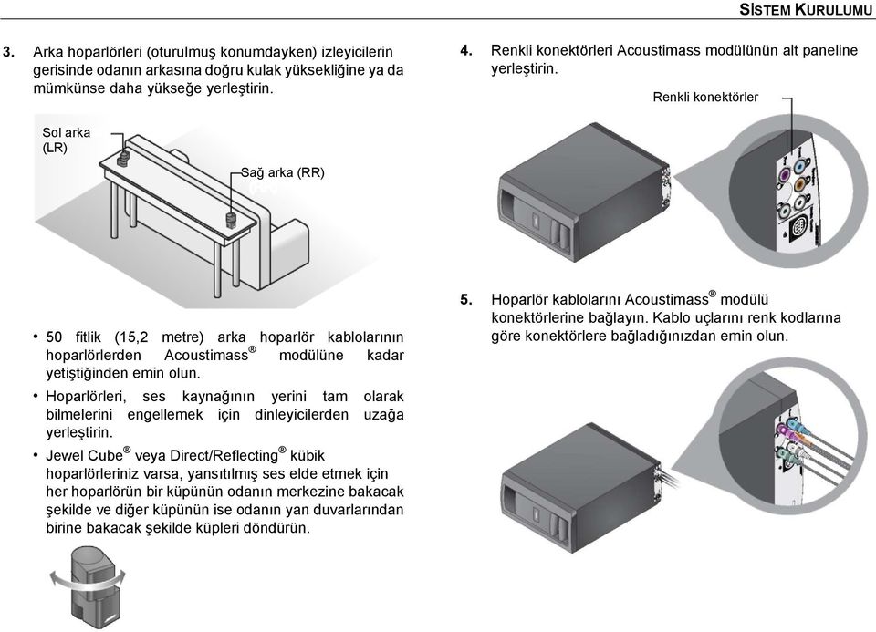 Renkli konektörler Sol arka (LR) Sağ arka (RR) 50 fitlik (15,2 metre) arka hoparlör kablolarının hoparlörlerden Acoustimass modülüne kadar yetiştiğinden emin olun.