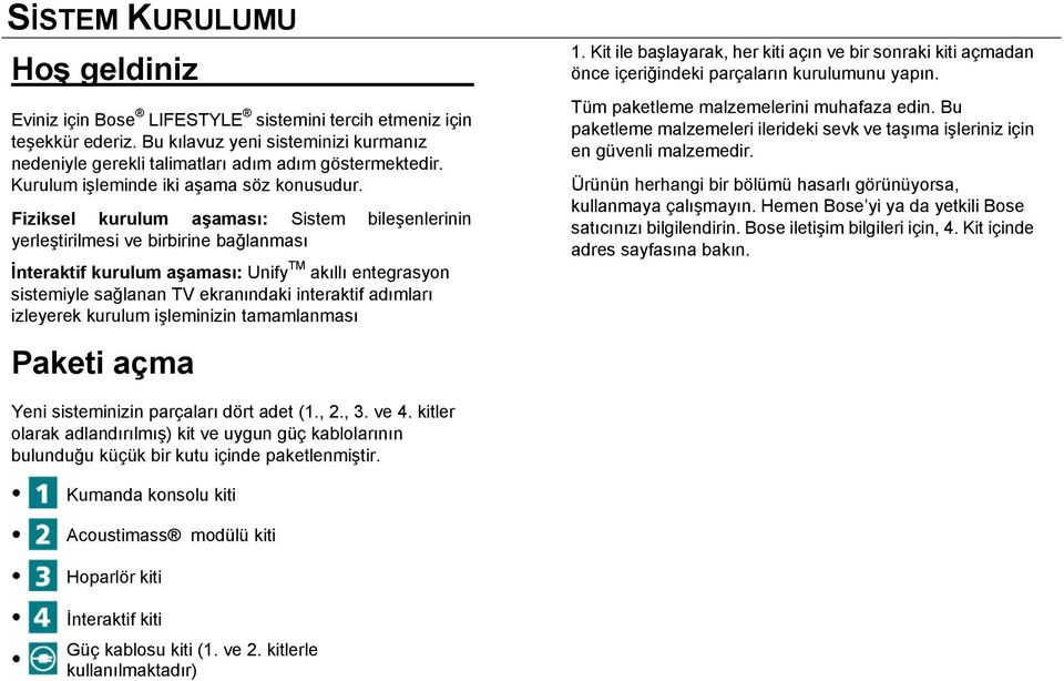 Fiziksel kurulum aşaması: Sistem bileşenlerinin yerleştirilmesi ve birbirine bağlanması İnteraktif kurulum aşaması: Unify TM akıllı entegrasyon sistemiyle sağlanan TV ekranındaki interaktif adımları