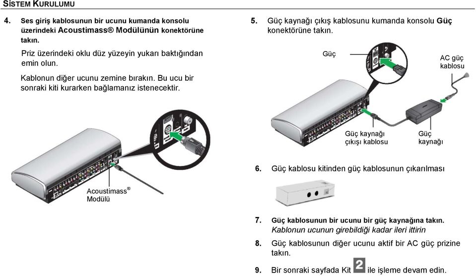 Güç AC güç kablosu Güç kaynağı çıkışı kablosu Güç kaynağı 6. Güç kablosu kitinden güç kablosunun çıkarılması Acoustimass Modülü 7.